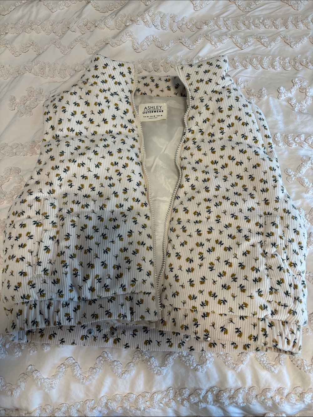 Ashley By 26 International Cream Floral Corduroy Puffer Vest